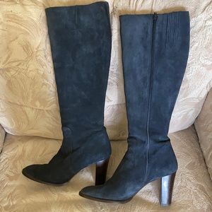 High stacked heel blue suede boots by Boden